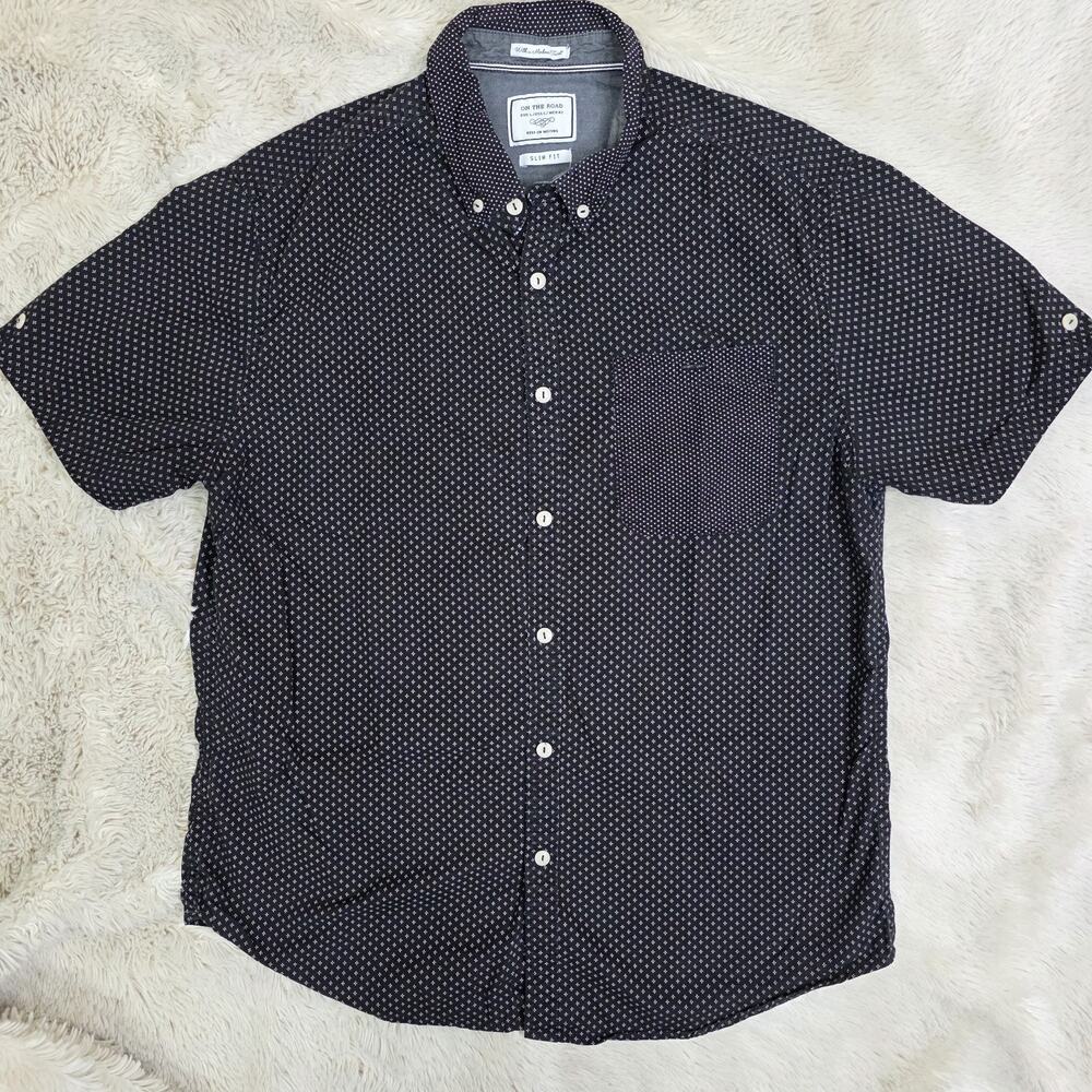 On The Road Men's Button Down Black Shirt Sleeve Slim Fit Shirt Size Large